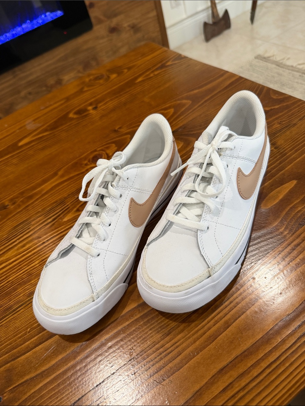 Nike Women's White Sneakers with Tan Swoosh Accent